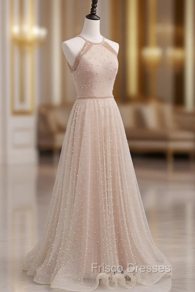 Champagne Pink Long Formal Prom Dress, A Line Tulle Formal Dress Graduation Dress