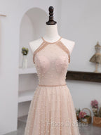 Champagne Pink Long Formal Prom Dress, A Line Tulle Formal Dress Graduation Dress