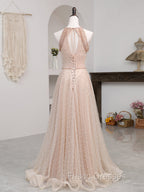 Champagne Pink Long Formal Prom Dress, A Line Tulle Formal Dress Graduation Dress