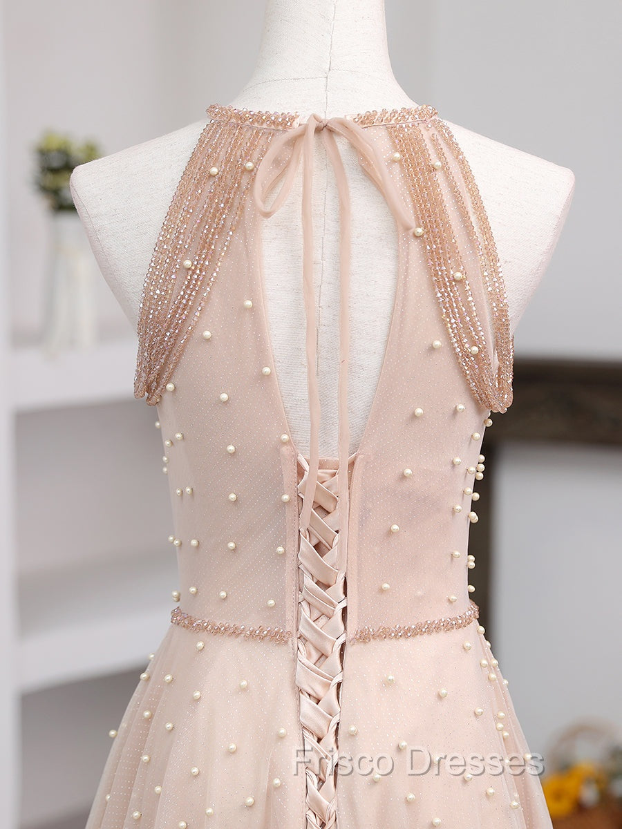 Champagne Pink Long Formal Prom Dress, A Line Tulle Formal Dress Graduation Dress