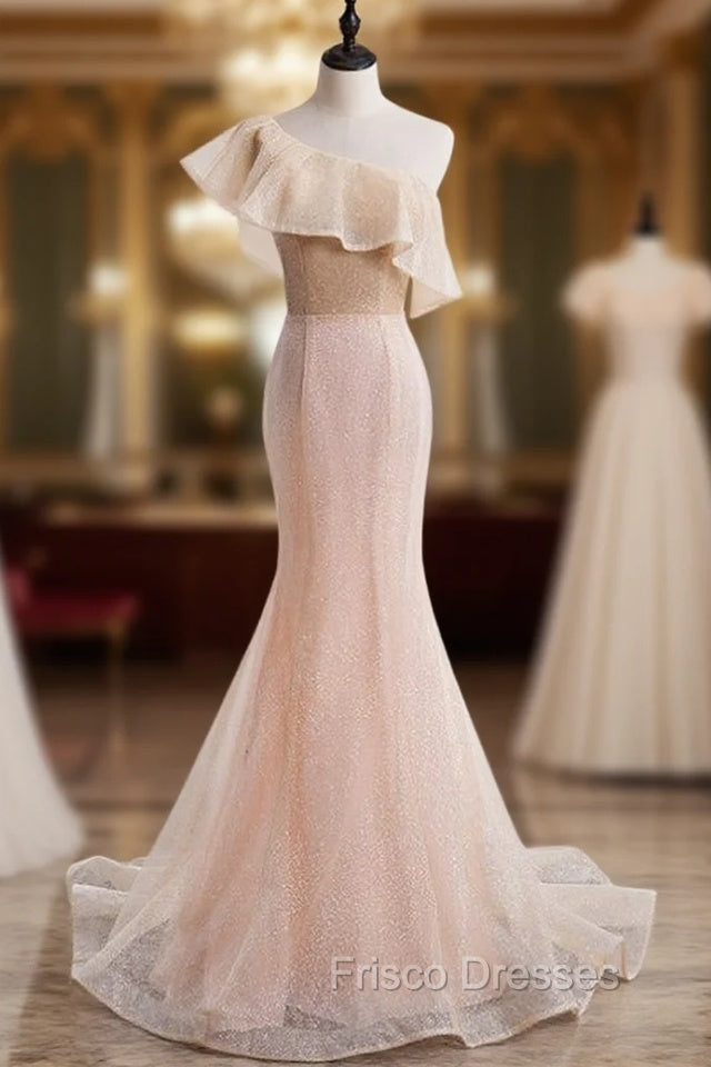 Champagne Pink Mermaid Sequins One Shoulder Formal Prom Dress