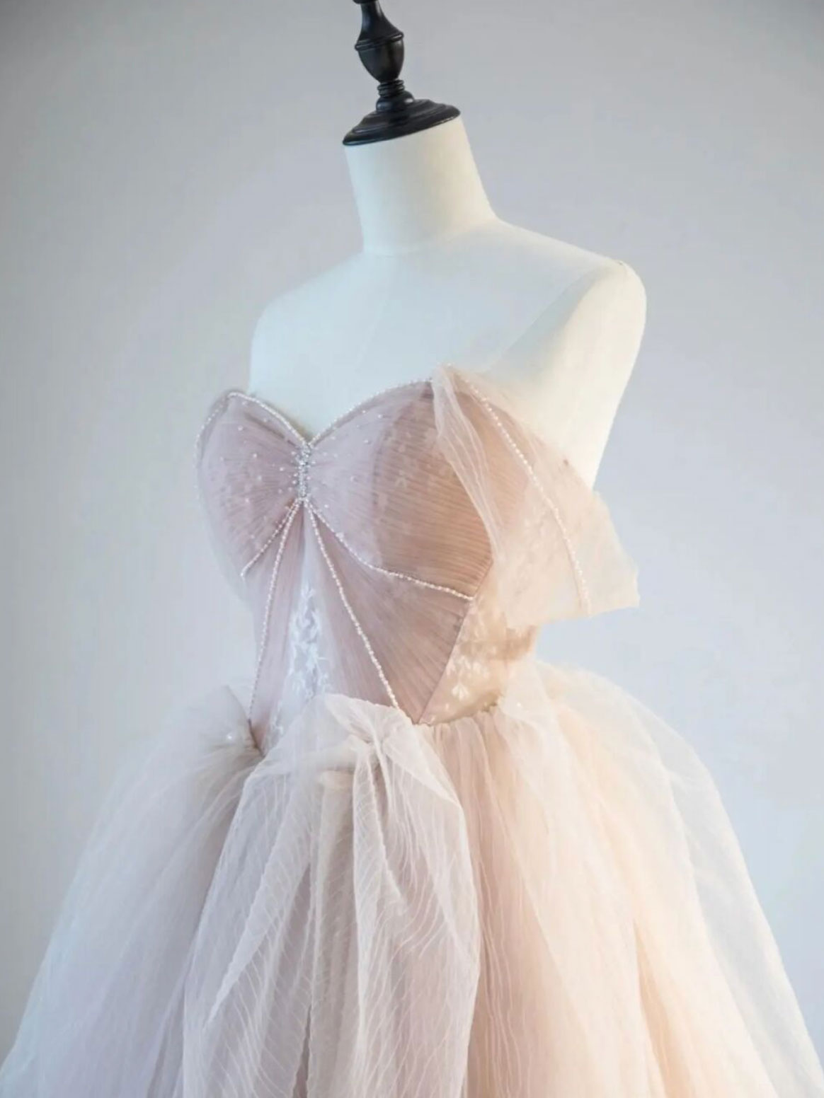 Champagne Pink Off Shoulder Tulle Lace Long Prom Dress, Champagne Formal Dress Secondary image