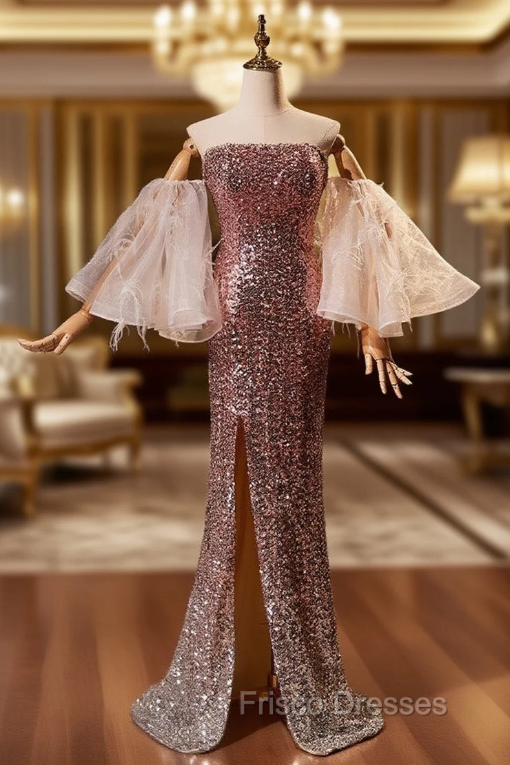 Champagne Pink Sequins Mermaid Strapless Formal Prom Dress Main image