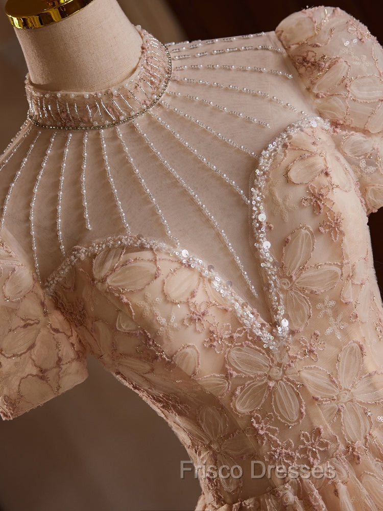 Champagne Pink Tulle Lace Tea Length Formal Prom Dress with Beads