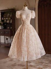 Champagne Pink Tulle Lace Tea Length Prom Dress with Beads