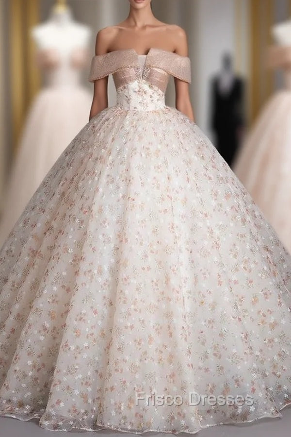 Champagne Print Off the Shoulder Beading Quinceanera Dress Main image