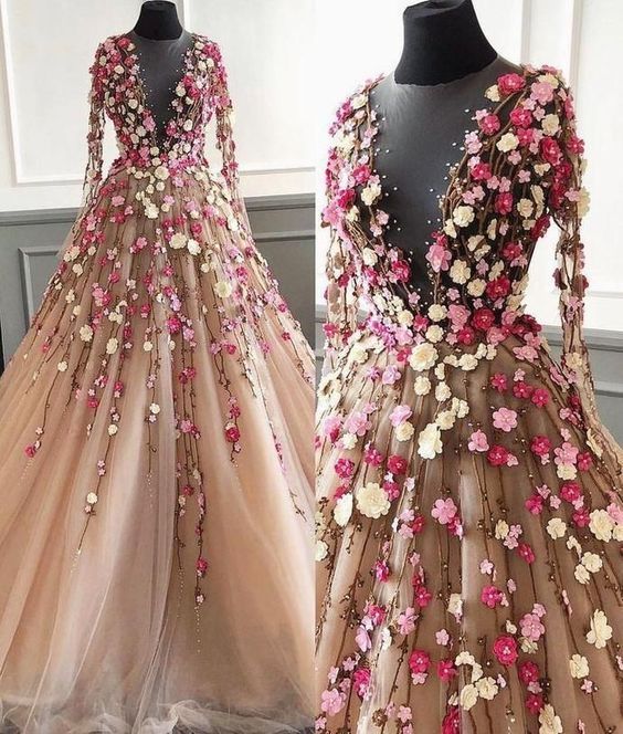 Champagne Prom Dress, 3D Flowers Prom Dress, Long Sleeve Prom Dress, Elegant Prom Dress Main image