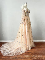 Champagne Puffy Sleeves Tulle Long Formal Dress, Champagne Party Dress Formal Prom Dress