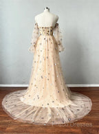 Champagne Puffy Sleeves Tulle Long Formal Dress, Champagne Party Dress Formal Prom Dress