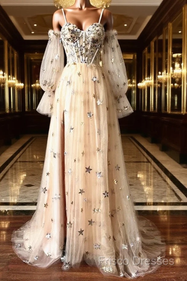 Champagne Puffy Sleeves Tulle Long Formal Dress, Champagne Party Dress Formal Prom Dress Main image