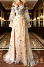 Champagne Puffy Sleeves Tulle Long Formal Dress, Champagne Party Dress Formal Prom Dress