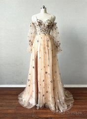Champagne Puffy Sleeves Tulle Long Evening Dress, Champagne Party Dress Prom Dress