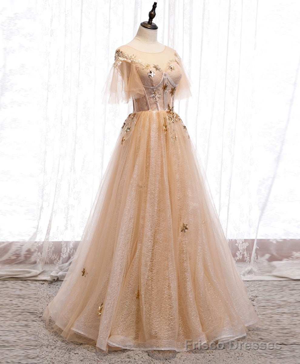 Champagne Puffy Sleeves Tulle Long Evening Dress Party Dress, A-Line Tulle Prom Dresses Secondary image