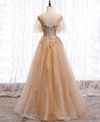 Champagne Puffy Sleeves Tulle Long Evening Dress Party Dress, A-Line Tulle Prom Dresses