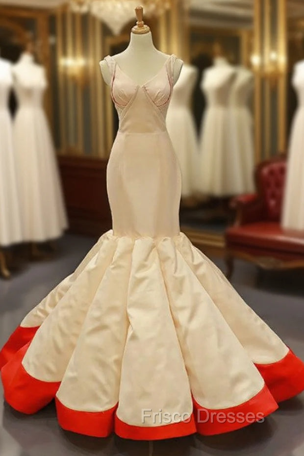 Champagne Red Mermaid Satin V-neck Pleats Formal Prom Dress Main image