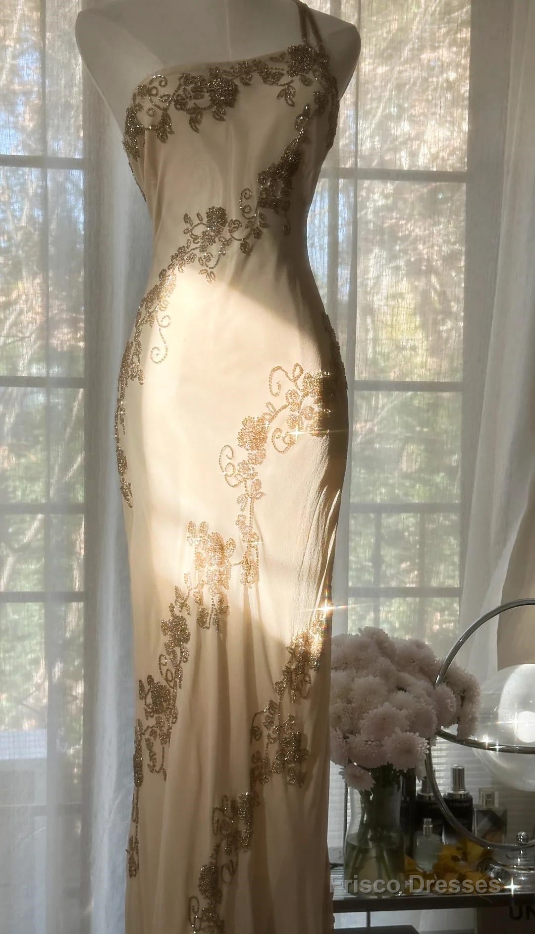 Champagne Retro Bodycon Dress Chiffon One Shoulder Beaded Long Prom Dress Graduation Prom Dress Secondary image