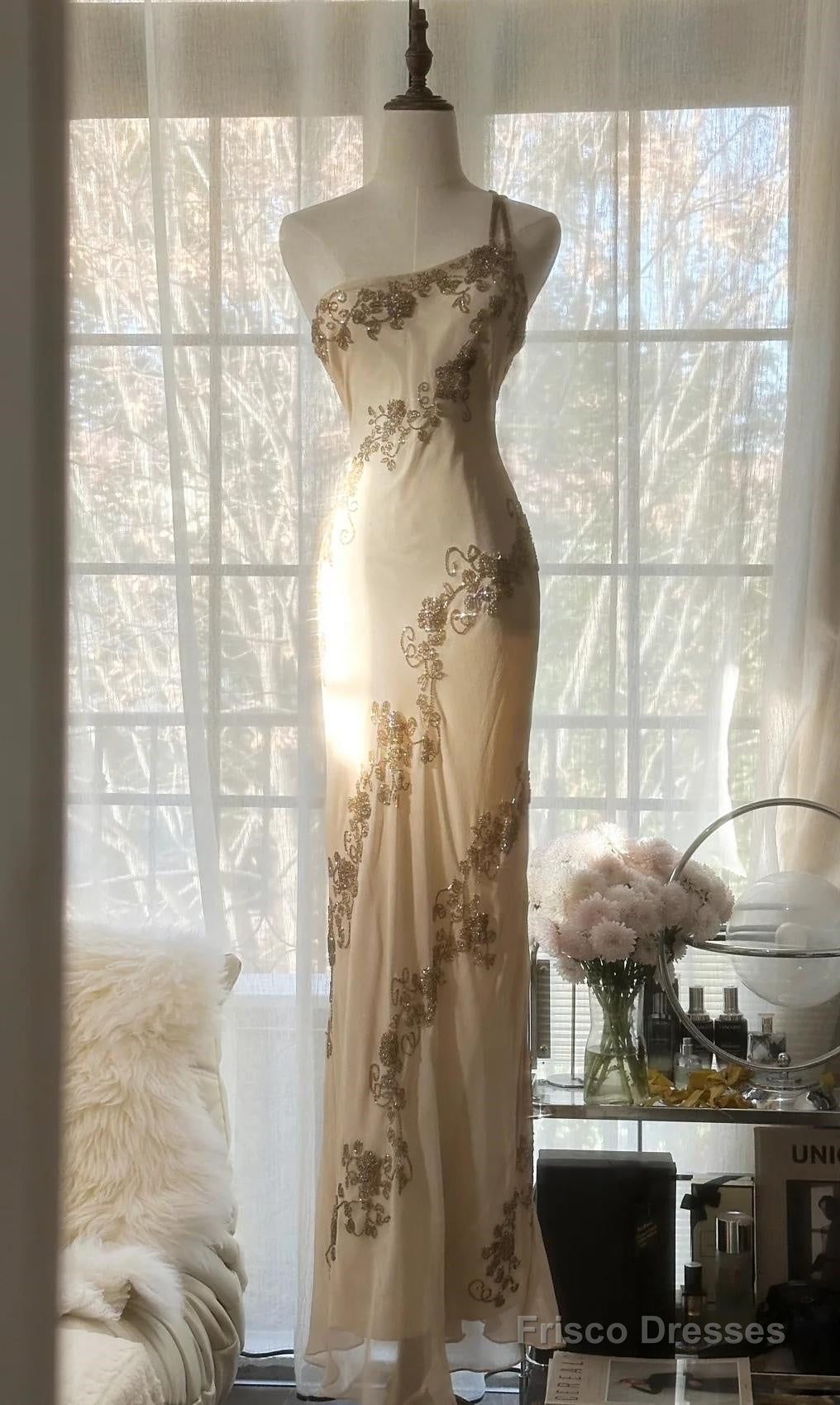 Champagne Retro Bodycon Dress Chiffon One Shoulder Beaded Long Prom Dress Graduation Prom Dress