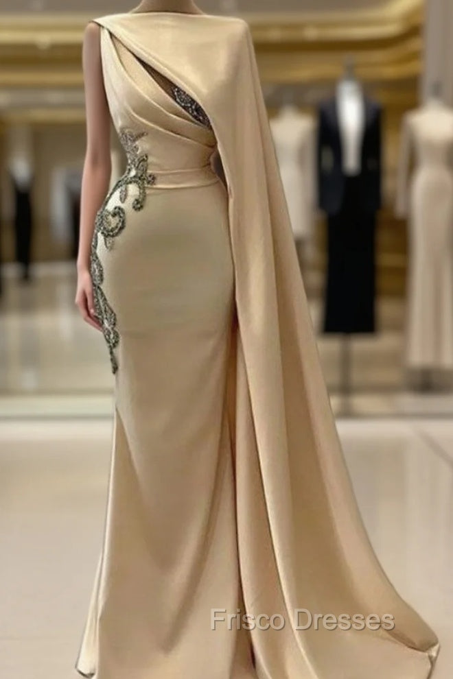 Champagne Robe De Soiree Sheath Floor Length Satin Beaded Long Formal Prom Dress Formal Prom Gown Evening Dress Main image