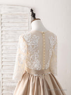 Champagne Round Neck Satin Lace Long Prom Dress, Evening Dress
