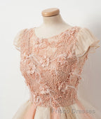 Champagne round neck tulle beads short Formal Prom Dresses, homecoming Dresses