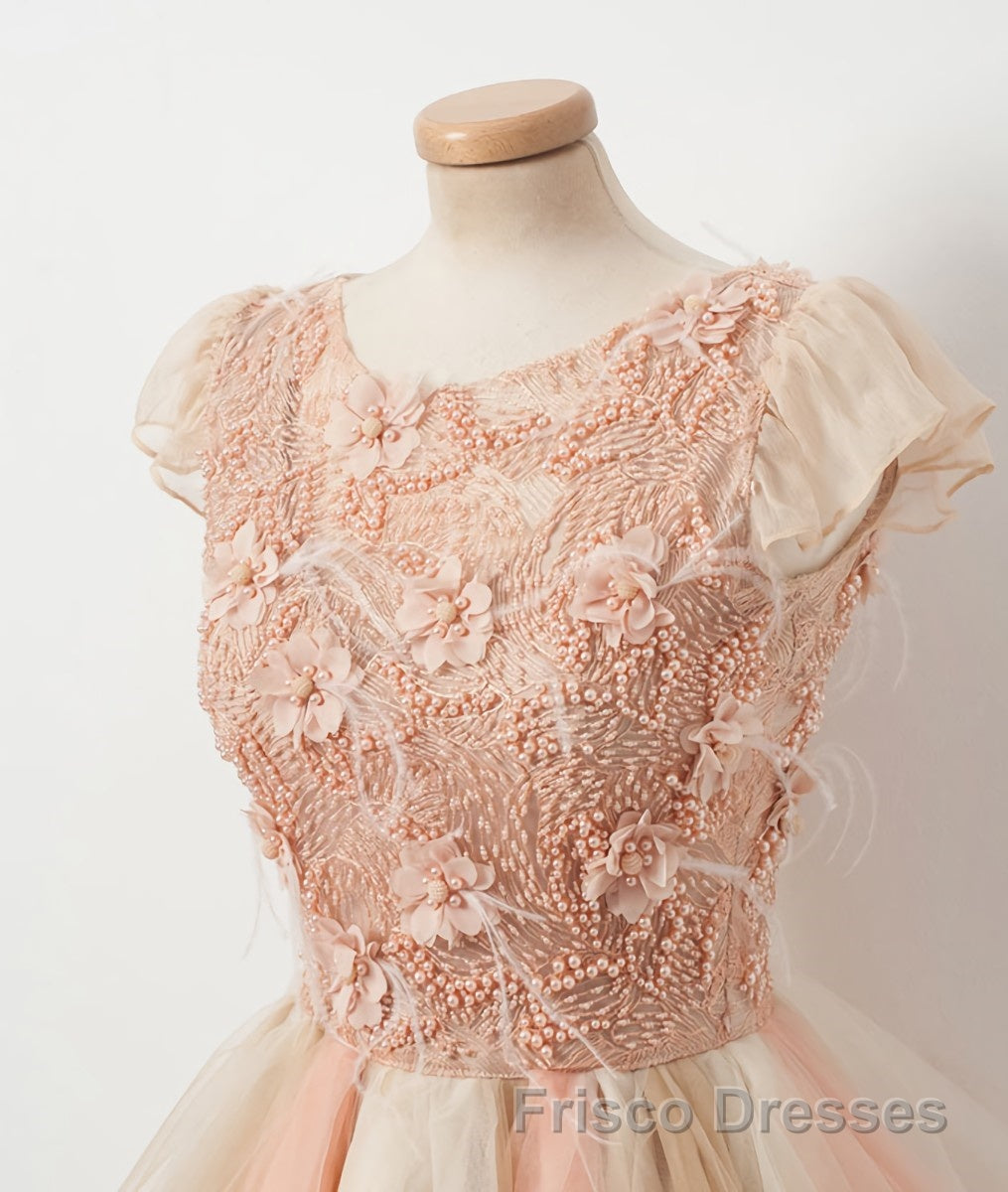 Champagne round neck tulle beads short Formal Prom Dresses, homecoming Dresses