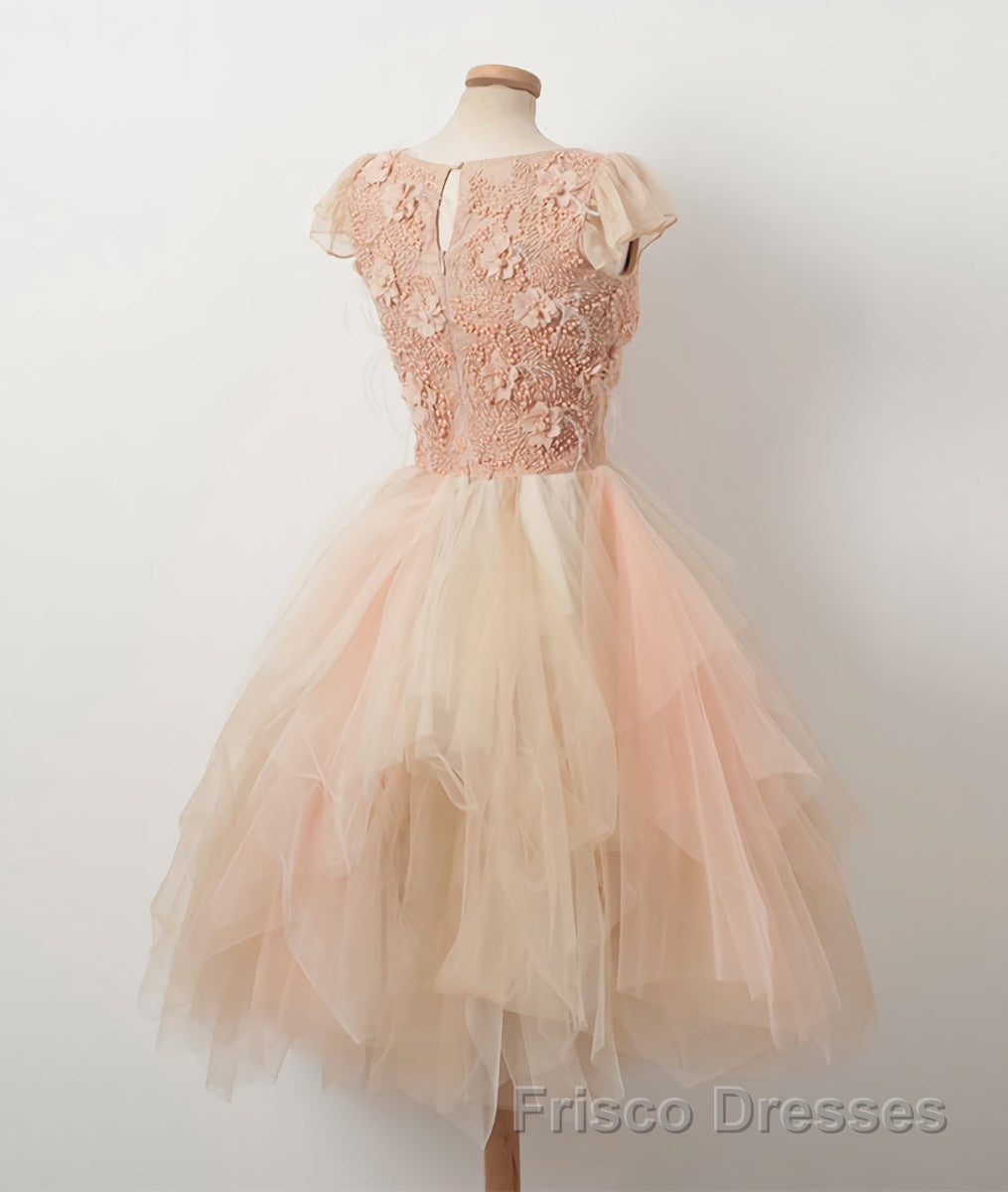 Champagne round neck tulle beads short Formal Prom Dresses, homecoming Dresses