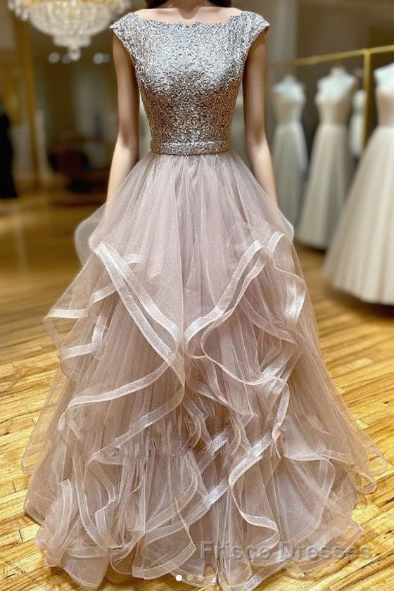 Champagne round neck tulle lace long Formal Prom Dresses evening Dresses