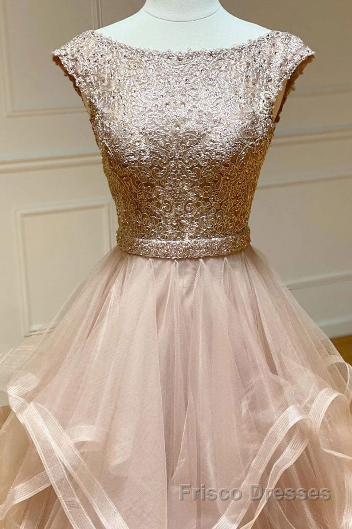 Champagne round neck tulle lace long Formal Prom Dresses evening Dresses Secondary image
