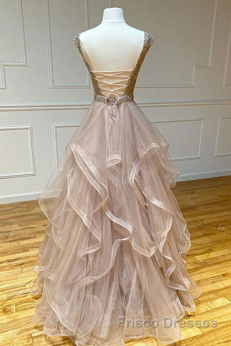 Champagne round neck tulle lace long Formal Prom Dresses evening Dresses
