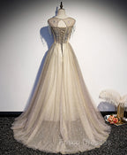 Champagne Round Neck Tulle Sequin Long Formal Prom Dress Tulle Formal Dress
