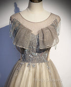Champagne Round Neck Tulle Sequin Long Formal Prom Dress Tulle Formal Dress