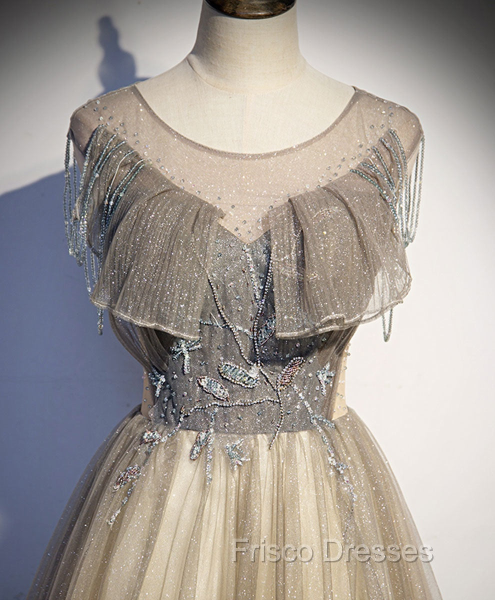 Champagne Round Neck Tulle Sequin Long Formal Prom Dress Tulle Formal Dress