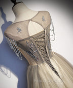 Champagne Round Neck Tulle Sequin Long Formal Prom Dress Tulle Formal Dress