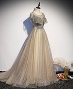 Champagne Round Neck Tulle Sequin Long Formal Prom Dress Tulle Formal Dress