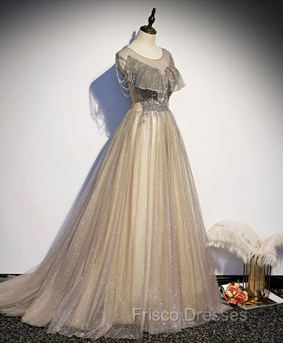 Champagne Round Neck Tulle Sequin Long Formal Prom Dress Tulle Formal Dress