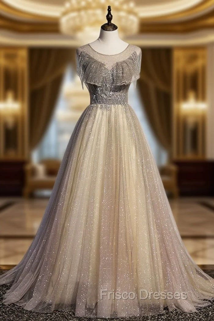 Champagne Round Neck Tulle Sequin Long Formal Prom Dress Tulle Formal Dress Main image