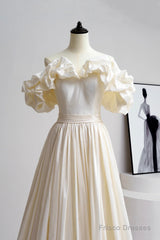 Champagne Satin Floor Length Prom Dress, Off The Shoulder A-Line Evening Party Dress