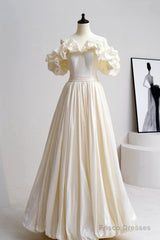Champagne Satin Floor Length Prom Dress, Off The Shoulder A-Line Evening Party Dress