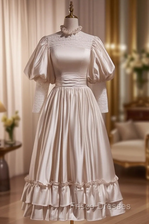 Champagne Satin Lace Short Sleeve Wedding Dress Main image