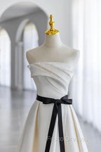 Champagne Satin Long A-Line Formal Prom Dress, Strapless Formal Evening Dress