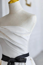 Champagne Satin Long A-Line Formal Prom Dress, Strapless Formal Evening Dress