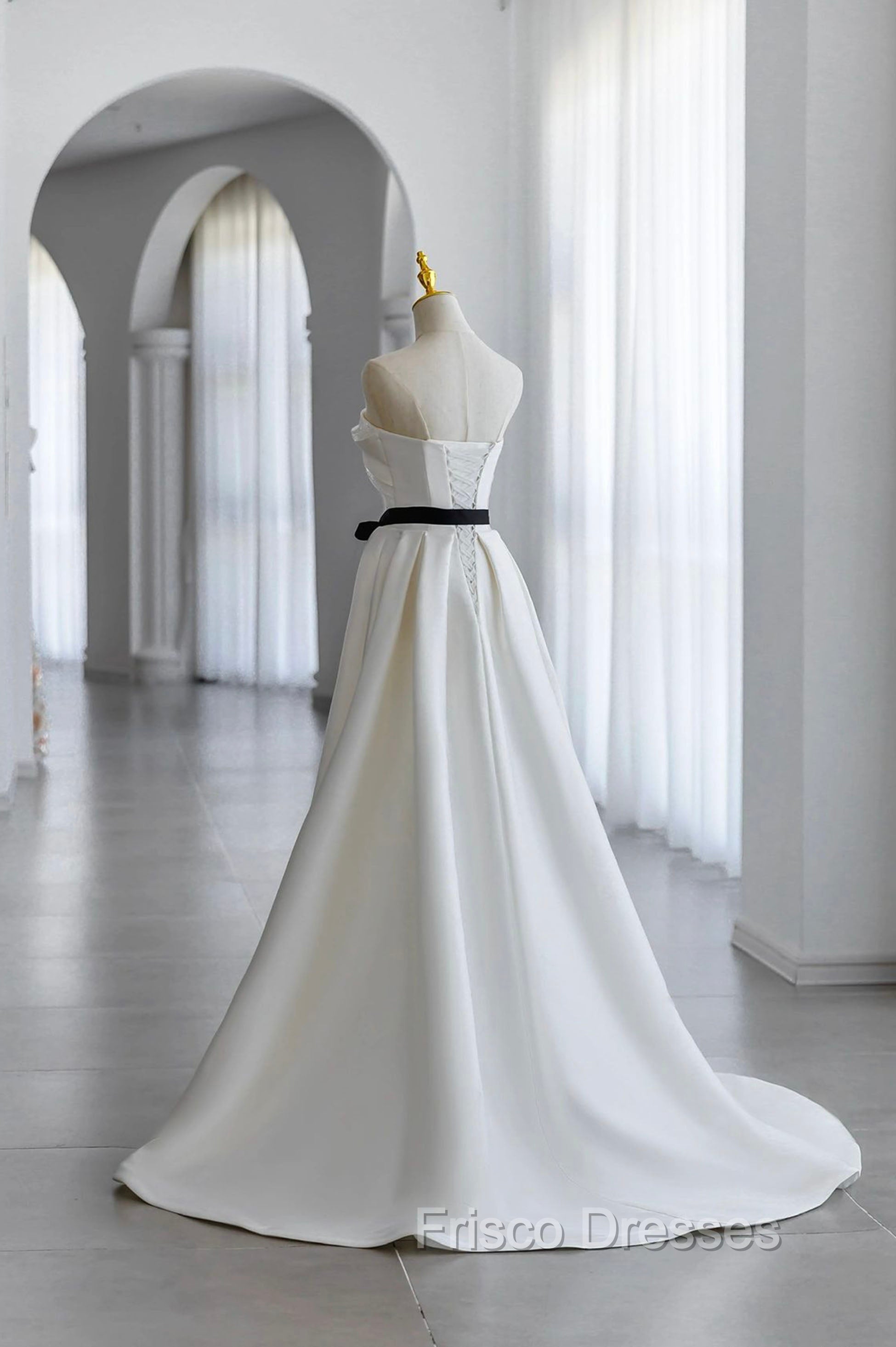 Champagne Satin Long A-Line Formal Prom Dress, Strapless Formal Evening Dress