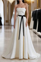 Champagne Satin Long A-Line Formal Prom Dress, Strapless Formal Evening Dress