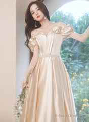 Champagne Satin Long Off Shoulder Prom Dress, A-Line Beaded Evening Dress