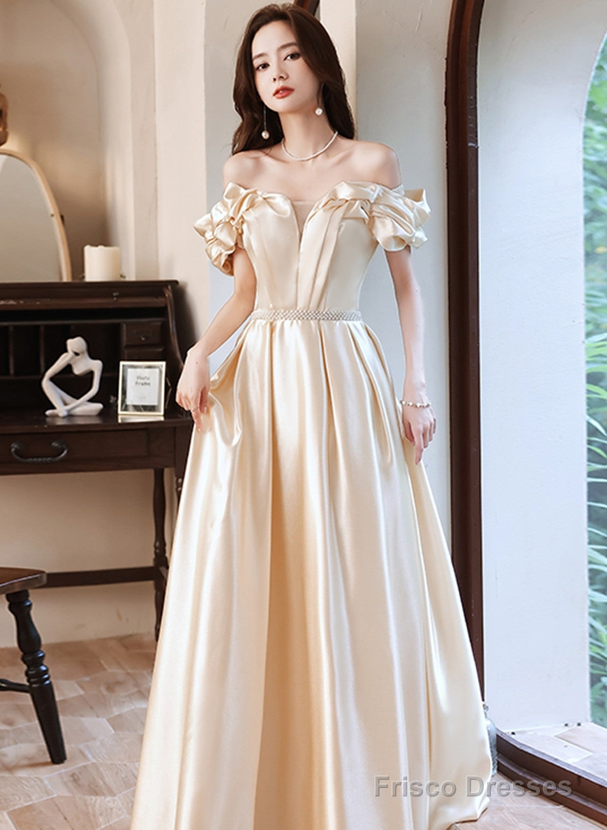 Champagne Satin Long Off Shoulder Prom Dress, A-Line Beaded Evening Dress Main image