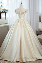 Champagne Satin Long Formal Prom Dress with Beaded, V-Neck Evening Party Dress