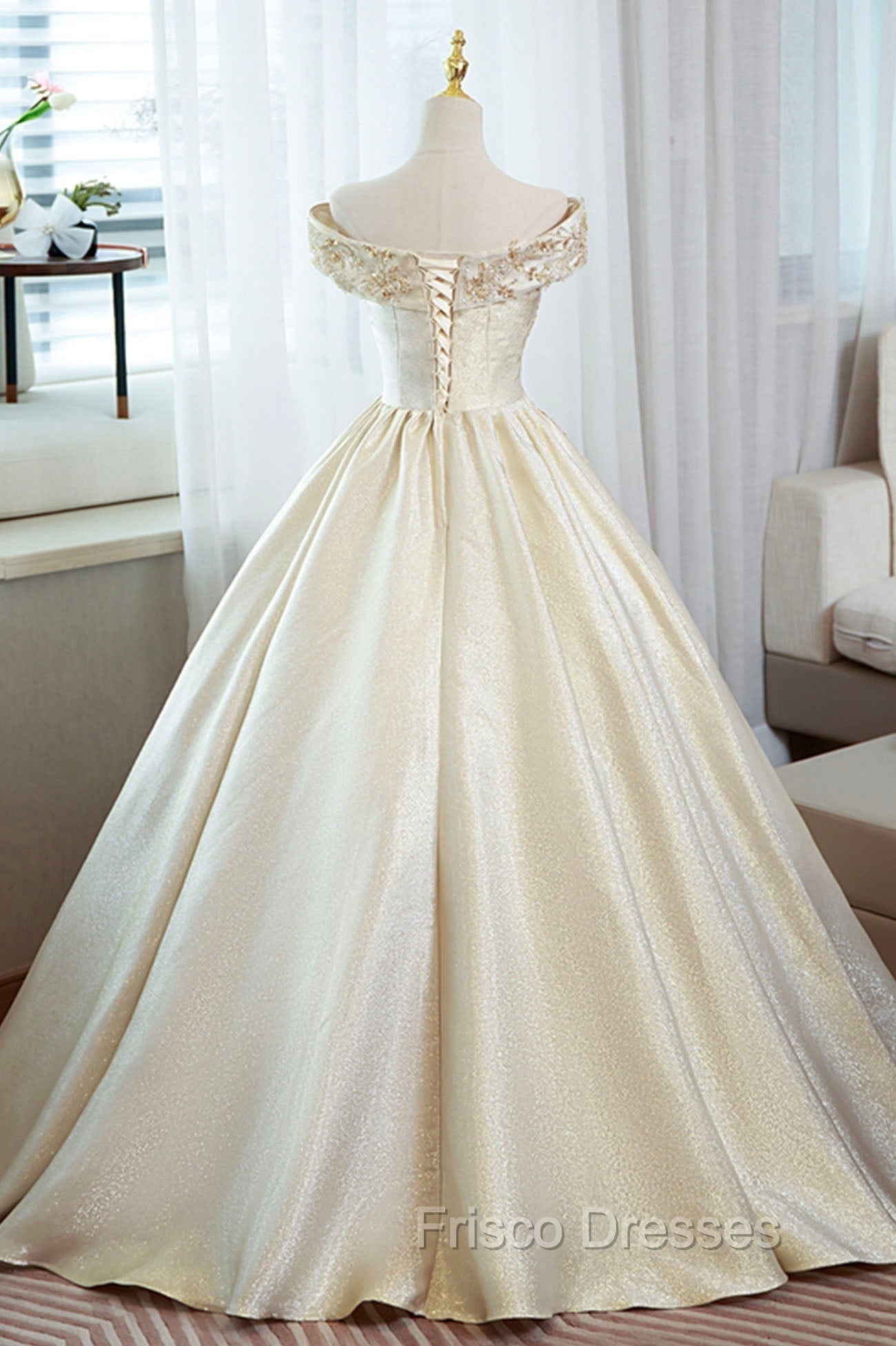 Champagne Satin Long Formal Prom Dress with Beaded, V-Neck Evening Party Dress
