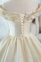 Champagne Satin Long Formal Prom Dress with Beaded, V-Neck Evening Party Dress