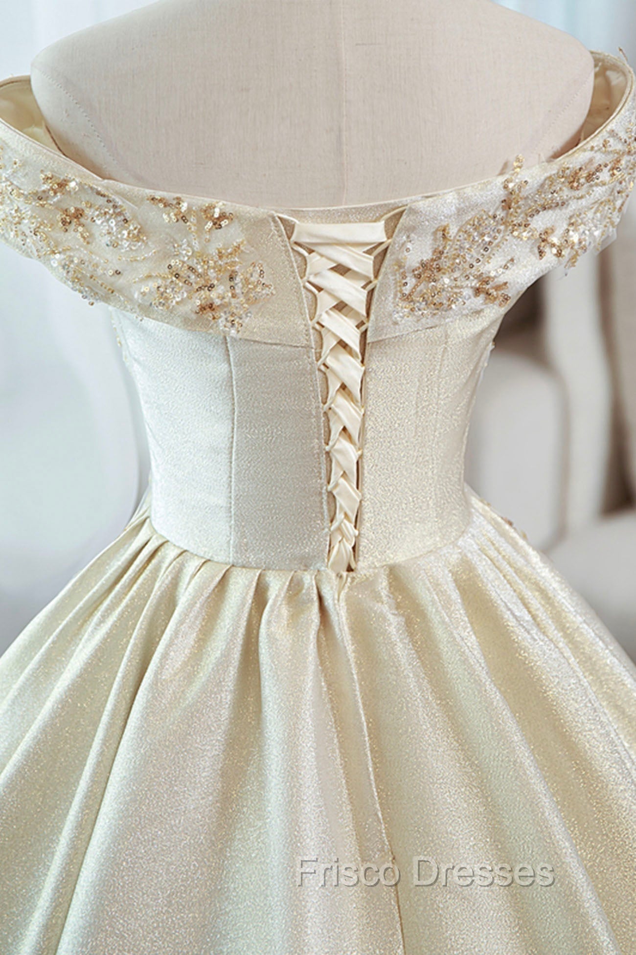 Champagne Satin Long Formal Prom Dress with Beaded, V-Neck Evening Party Dress