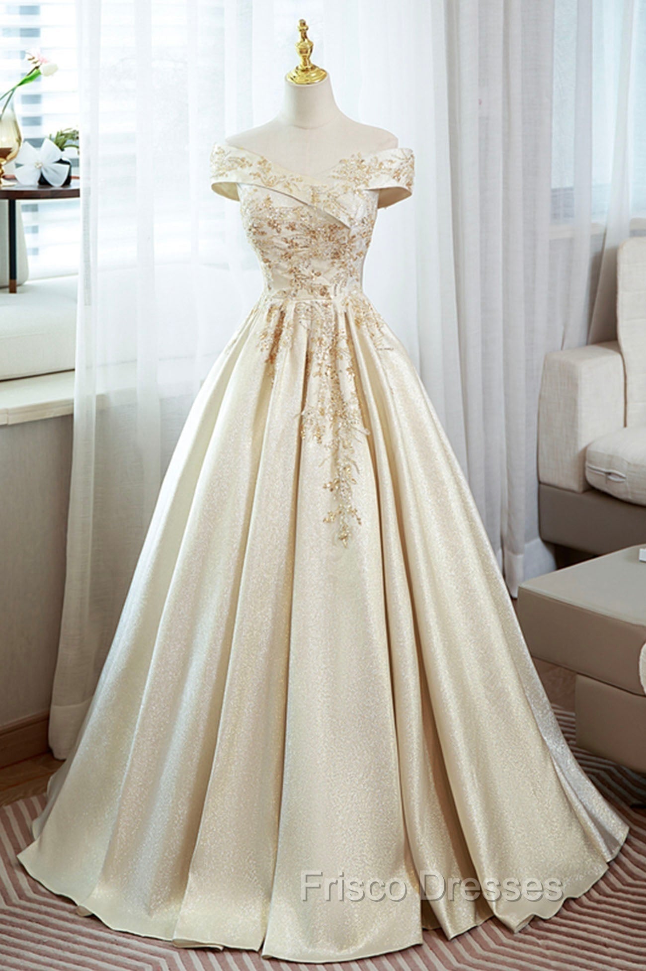Champagne Satin Long Formal Prom Dress with Beaded, V-Neck Evening Party Dress